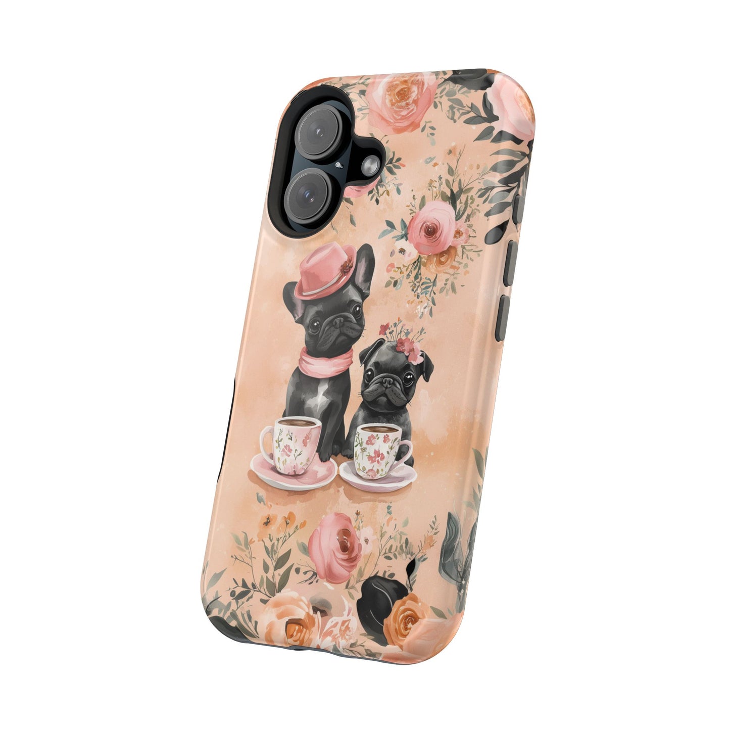 Floral French Bulldogs MagSafe iPhone Case – Elegant Dog Design with Tea Cups & Roses, Shockproof Protection