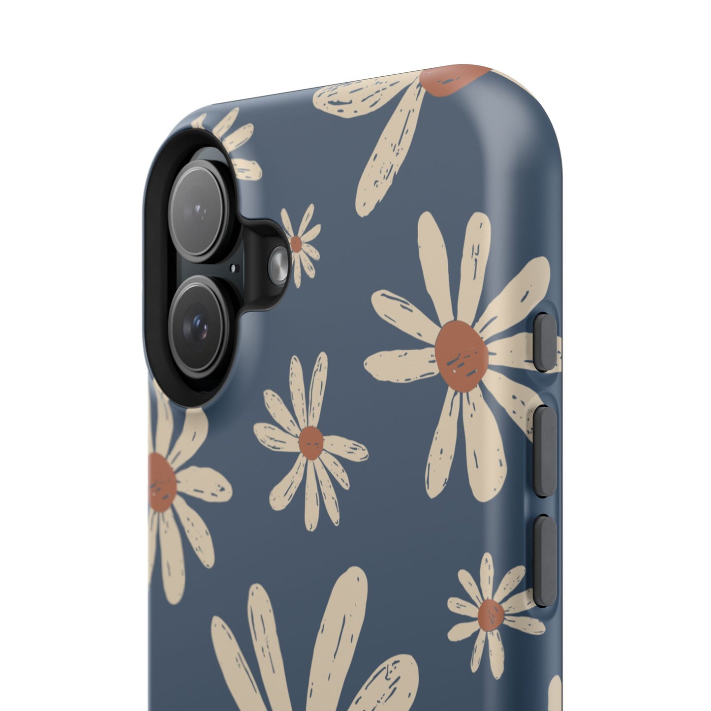 Vintage Daisies MagSafe iPhone Case – Navy Blue Floral Design, Scratch-Resistant with Shock-Absorbing Bumper