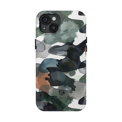 Moody Abstract Watercolor iPhone Case – Earthy Green and Charcoal Design