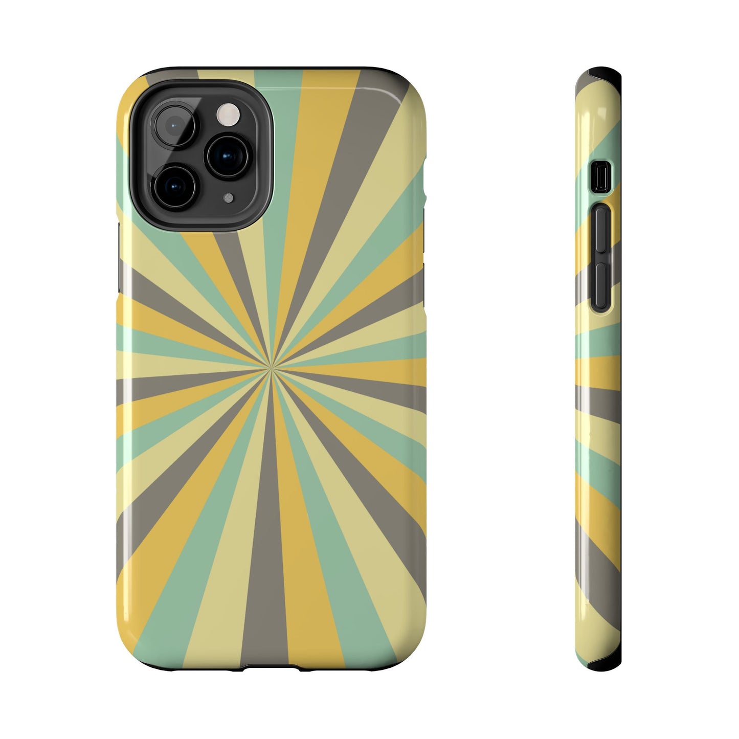 Vintage Sunburst Rays iPhone Case – Bold 70s-Inspired Burst in Yellow, Mint, and Gray