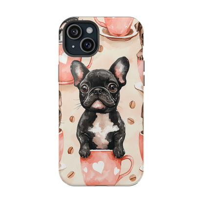 French Bulldogs in Coffee Cup MagSafe iPhone Case – Cute Dog Art, Shockproof & Slim Design