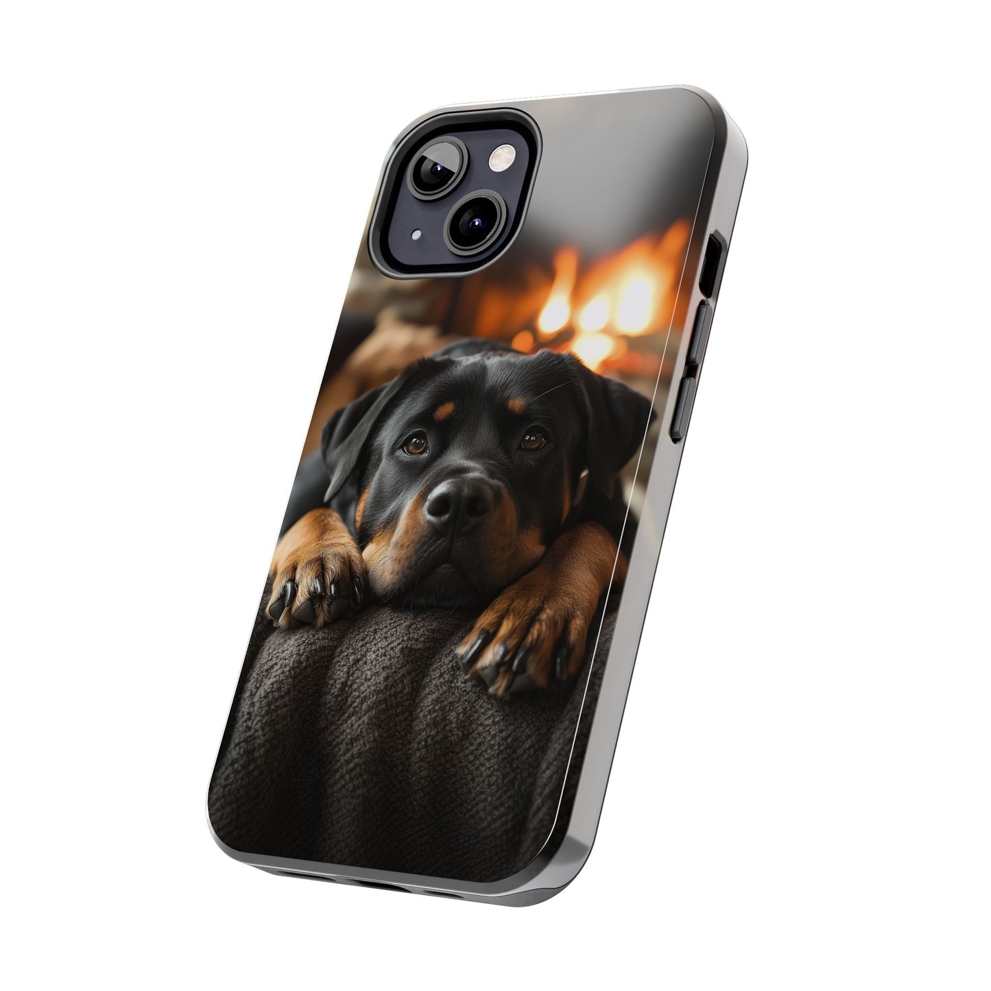 Cozy Rottweiler by the Fireplace iPhone Case – Warm Rustic Design