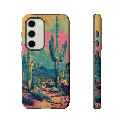 Desert Oasis Retro Cactus Phone Case - Vibrant Sunset Landscape for iPhone 15/14/13/12, Samsung S24/S23/S22/S21, & Google Pixel