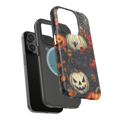 Hauntingly Elegant Halloween MagSafe iPhone Case – Pumpkins, Spiders, and Autumn Leaves Design