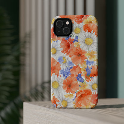 Watercolor Wildflower Pattern MagSafe iPhone Case – Durable Matte Finish with Daisy, Poppy & Cornflower Design