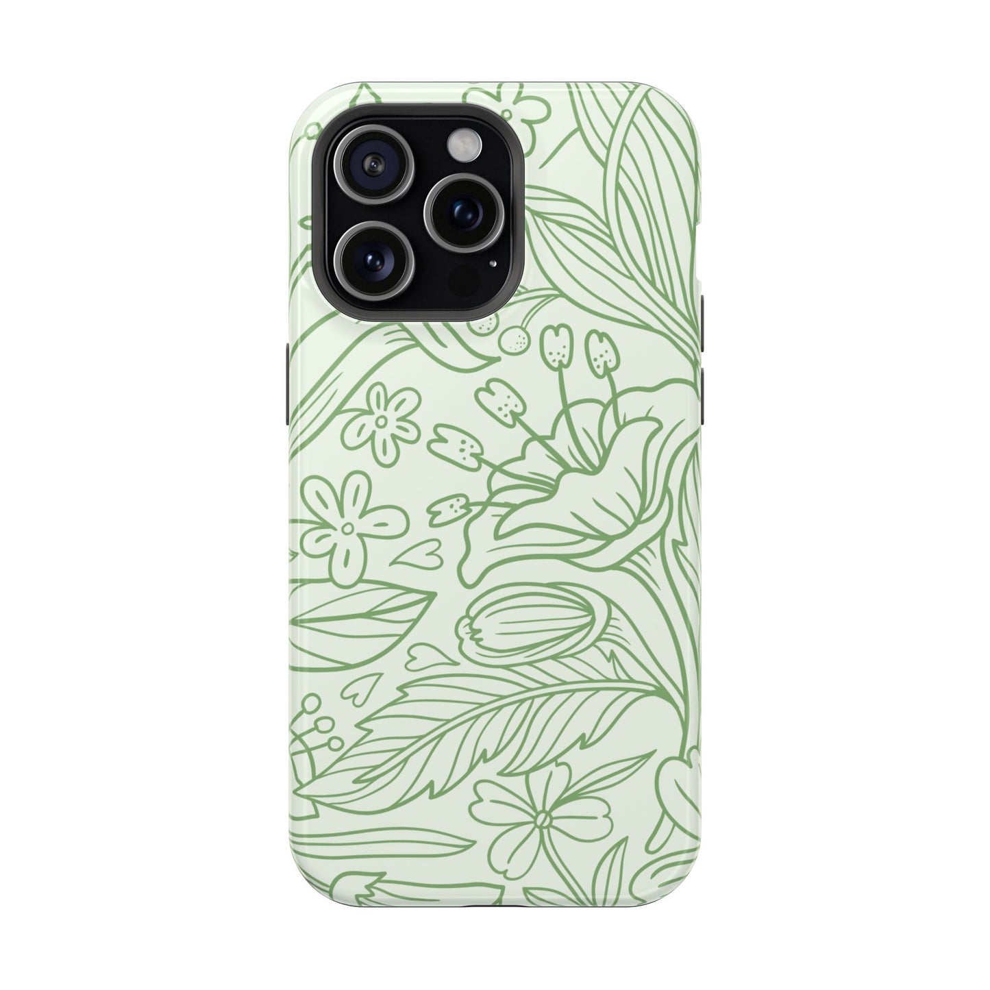 Sage Green Floral Line Art Tough MagSafe iPhone Case – Minimalist Botanical Design with Dual-Layer Protection