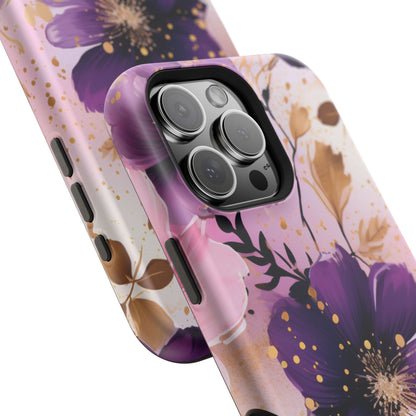 Elegant Purple & Gold Floral MagSafe iPhone Case - Luxe Flower Design