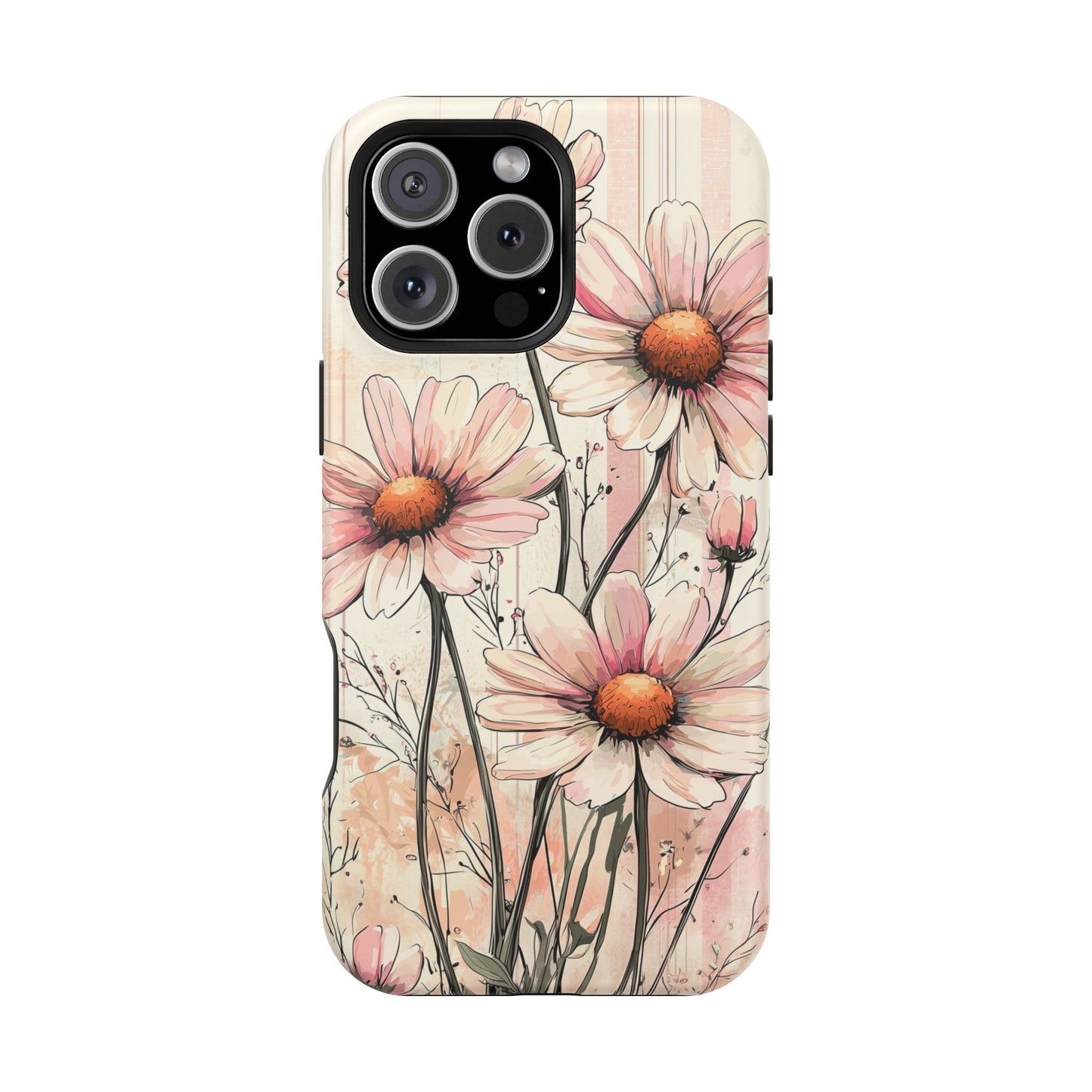 Pastel Pink Daisy MagSafe iPhone Case - Elegant Floral Plaid Protective Cover