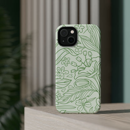 Sage Green Floral Line Art Tough MagSafe iPhone Case – Minimalist Botanical Design with Dual-Layer Protection