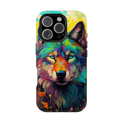 Rainbow Wolf in Bloom – MagSafe iPhone Case with Nature-Inspired Design