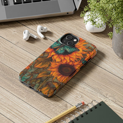 Vintage Blue Butterfly & Sunflower Art – iPhone Case