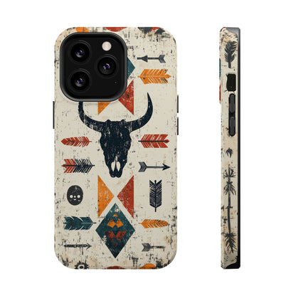 Tribal Bull Skull & Arrows Tough MagSafe iPhone Case – Rustic Western Design, Dual-Layer Protection