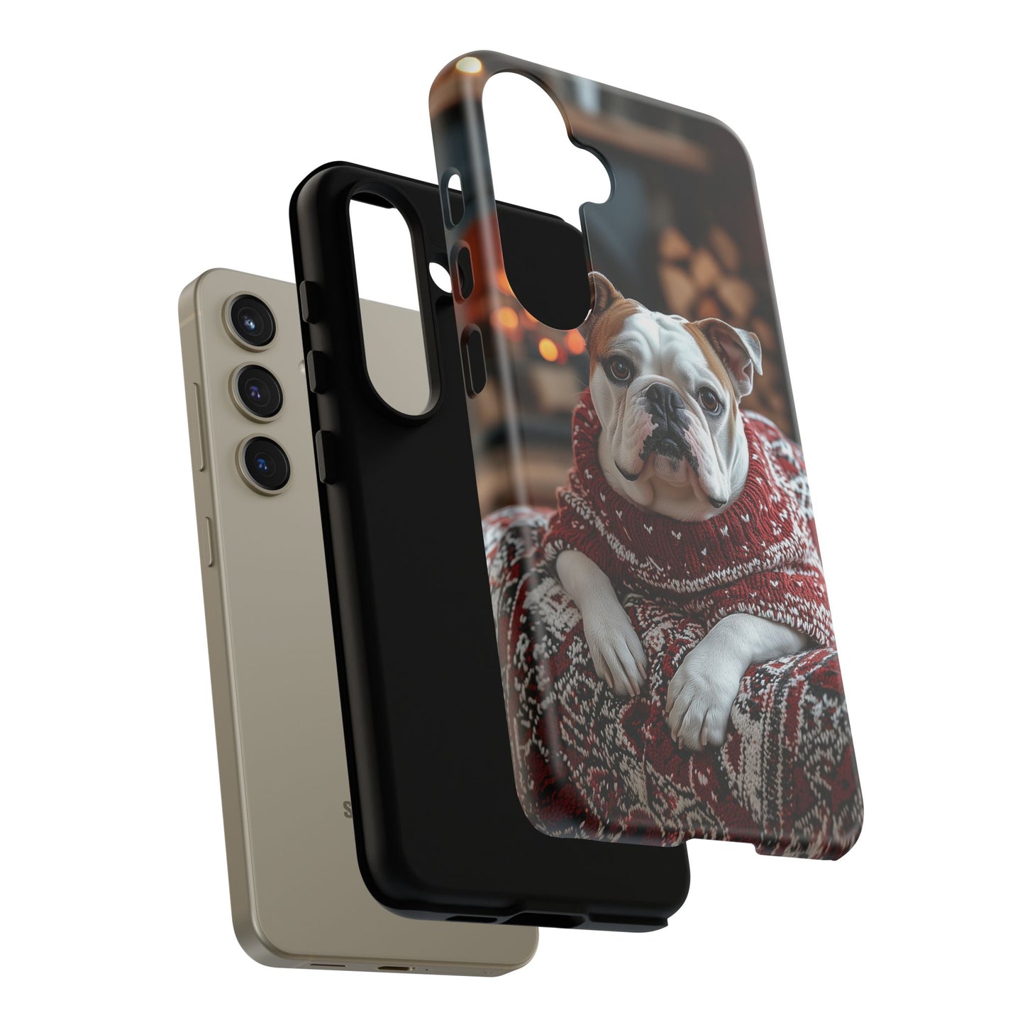 Cozy Bulldog in Sweater Samsung Galaxy Case – Festive Fireplace Protective Cove