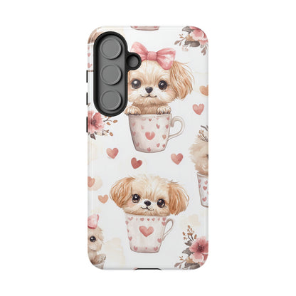 Cute Puppies in Heart Mugs Samsung Galaxy  Case – Adorable Dog & Floral Design, Shockproof & Slim