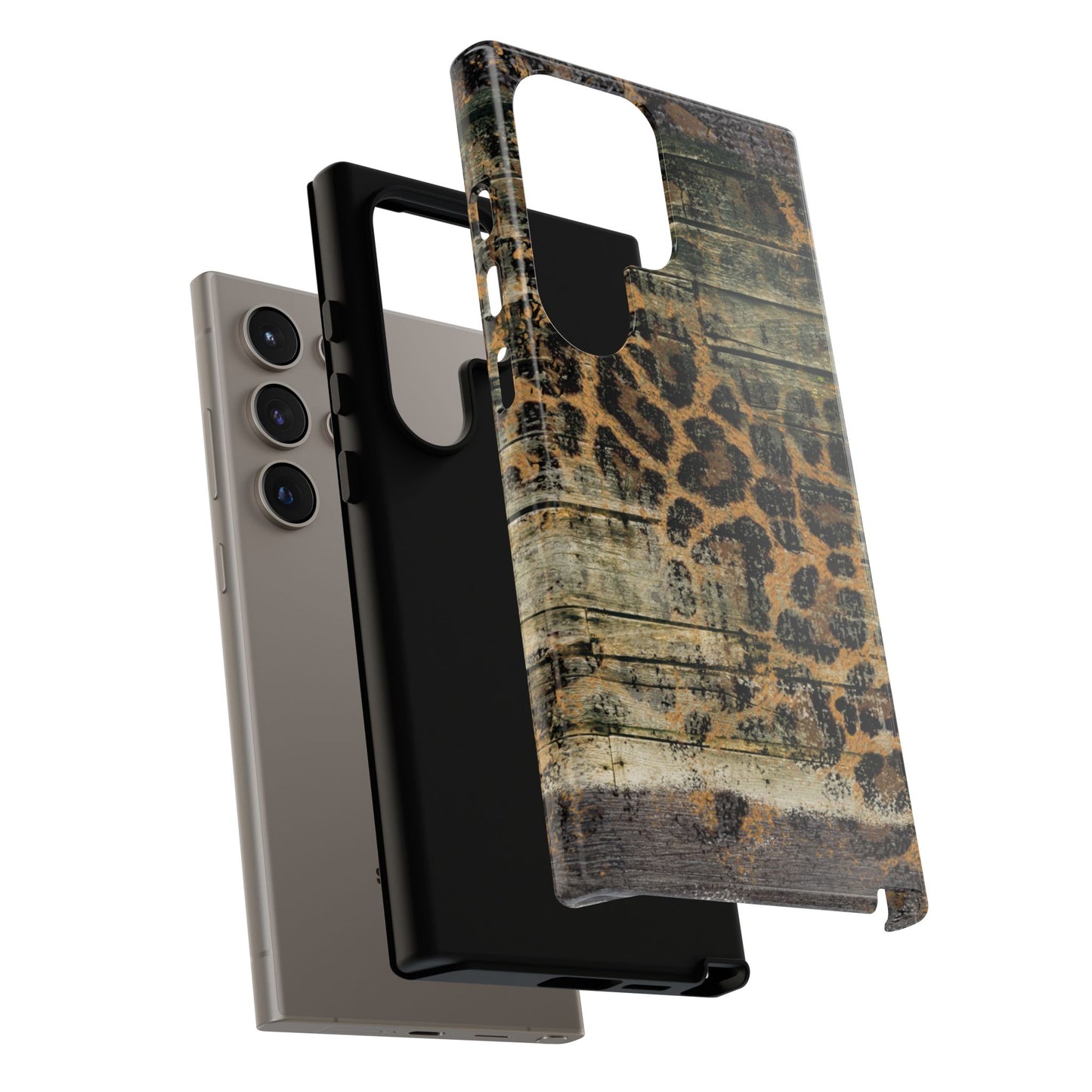 Rustic Wood and Leopard Print Tough Samsung Galaxy Case – Distressed Western Design with Dual-Layer Protection