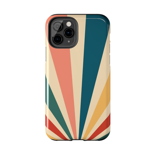 Retro Sunbeam iPhone Case – 70s-Inspired Radiating Stripes in Coral, Teal, and Mustard