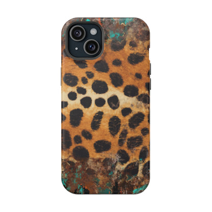 Rustic Leopard Print Tough MagSafe iPhone Case – Distressed Turquoise and Animal Pattern with Dual-Layer Protection