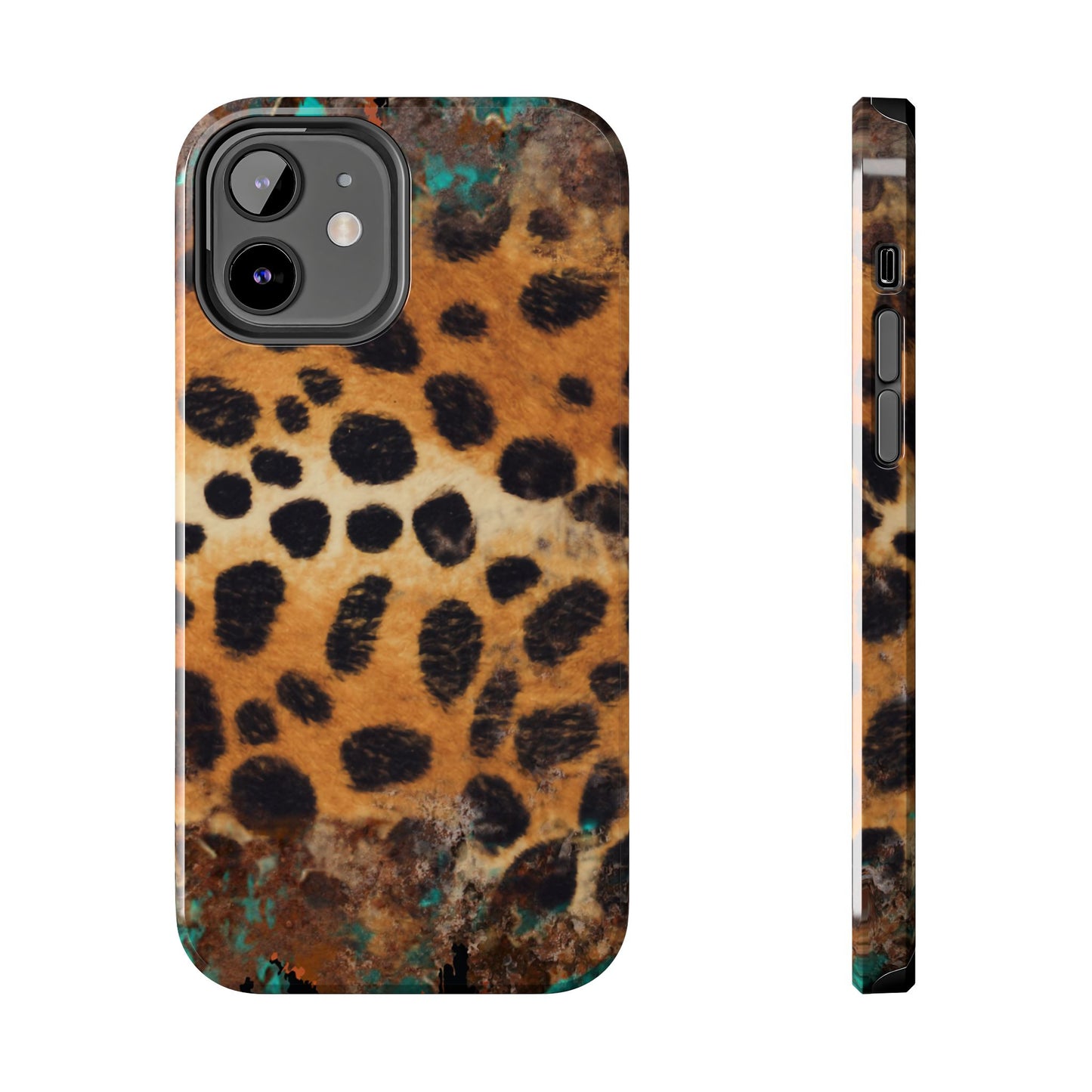 Rustic Leopard Print Tough iPhone Case – Distressed Turquoise and Animal Pattern with Dual-Layer Protection