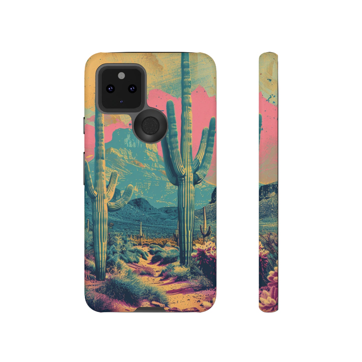 Desert Oasis Retro Cactus Phone Case - Vibrant Sunset Landscape for iPhone 15/14/13/12, Samsung S24/S23/S22/S21, & Google Pixel