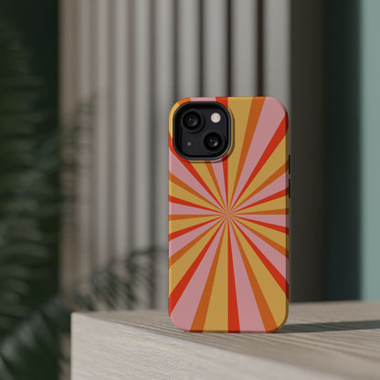 Bold Retro Sunburst MagSafe iPhone Case – Vibrant 70s-Inspired Rays in Orange, Pink, and Yellow