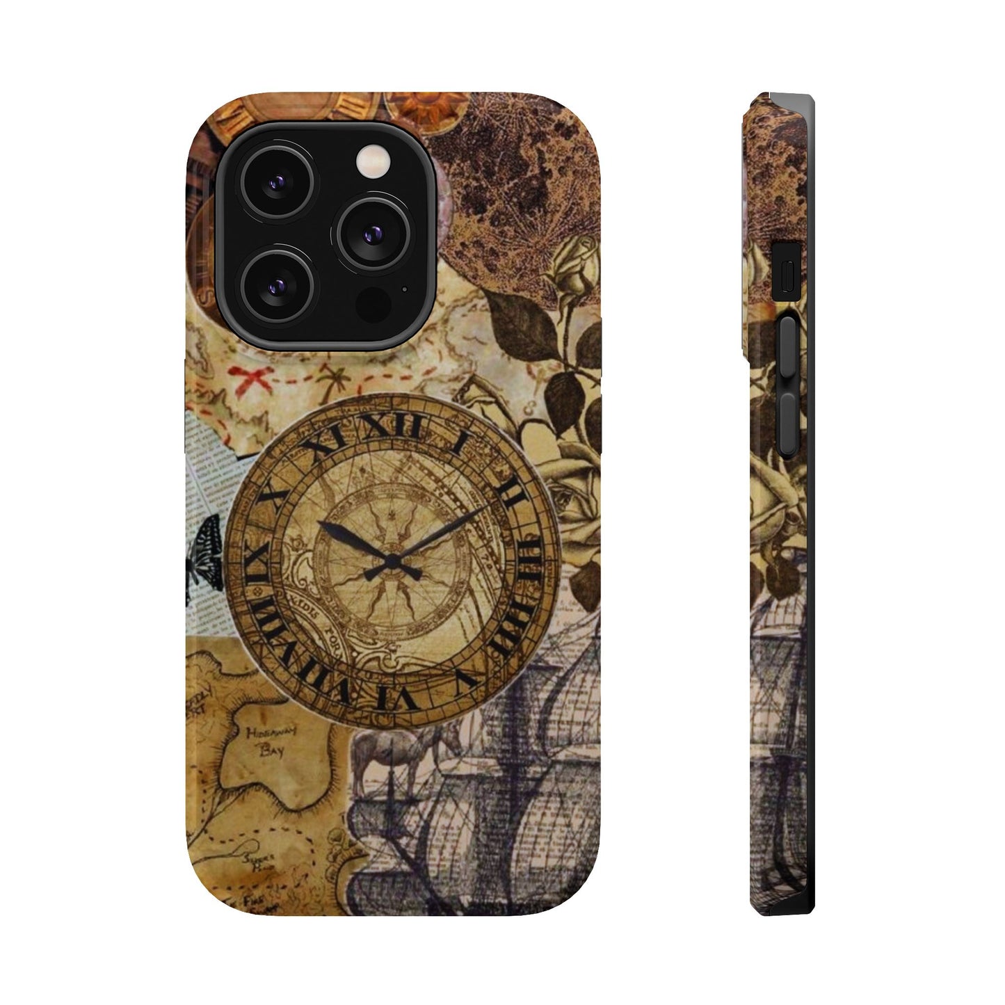 Steampunk Vintage Adventure MagSafe iPhone Case – Dual-Layer Protection with Antique Map and Clock Design