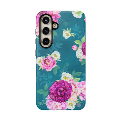 Elegant Peony Bouquet Samsung Galaxy Case – Deep Teal Background with Romantic Floral Design