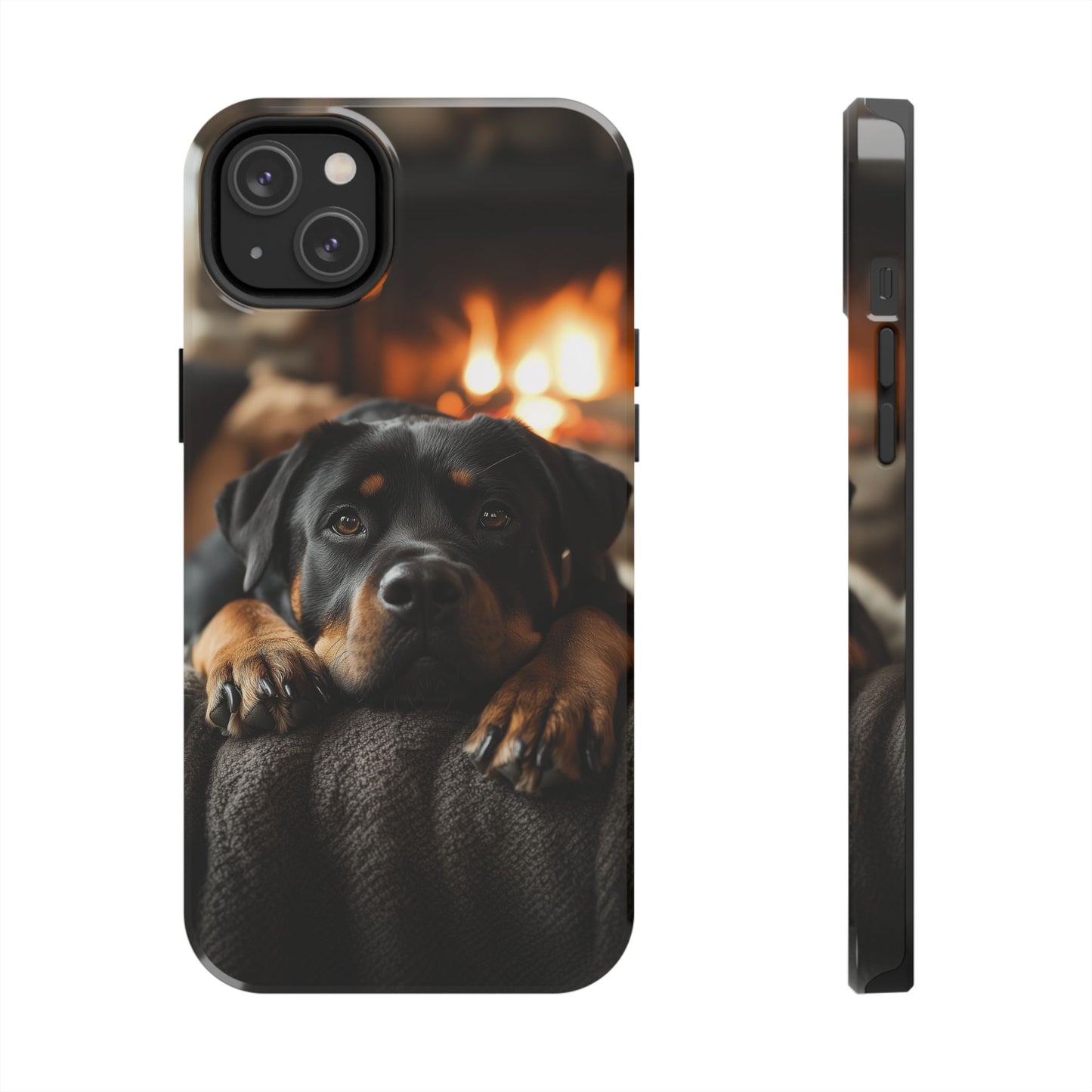 Cozy Rottweiler by the Fireplace iPhone Case – Warm Rustic Design