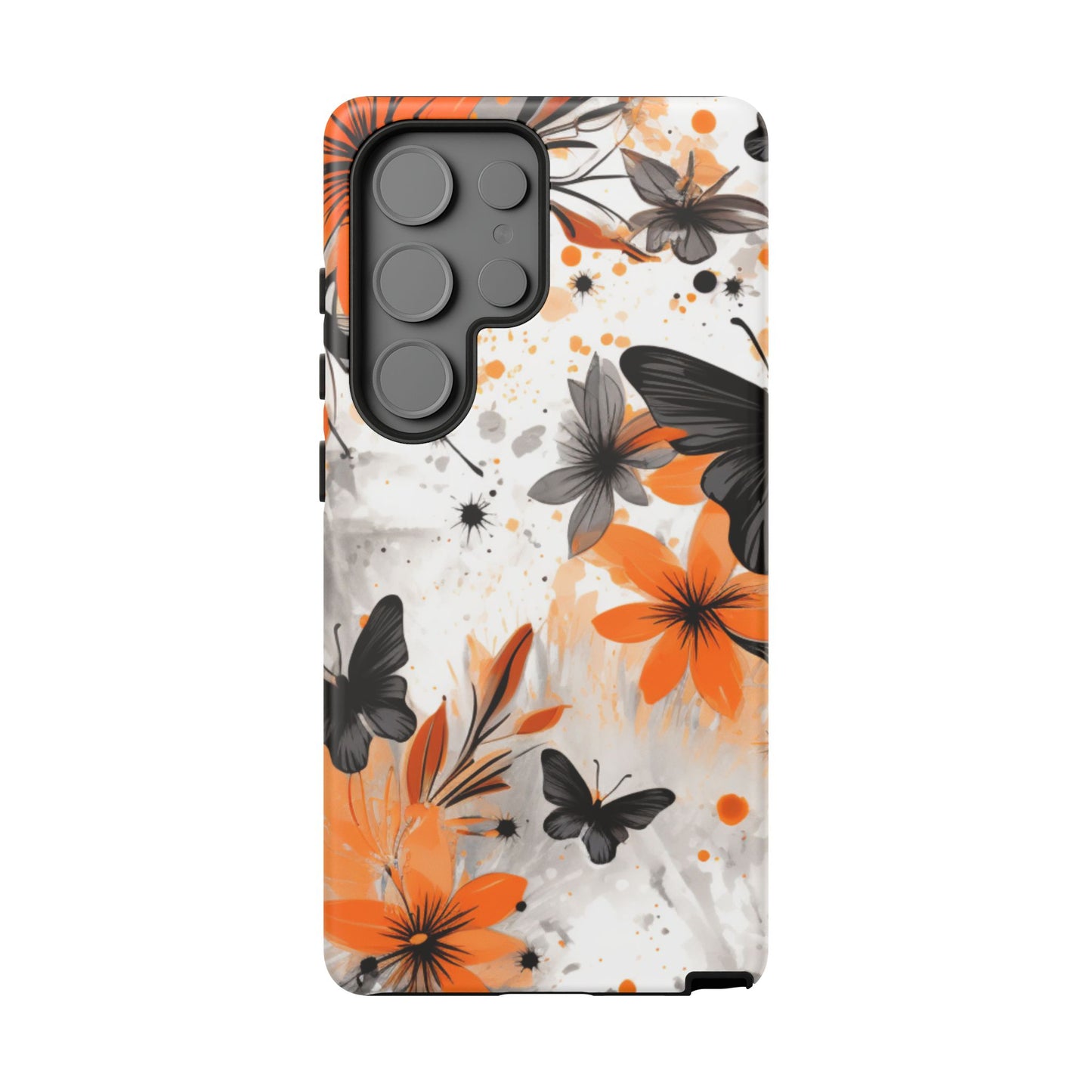 Orange Blossom & Black Butterfly Samsung Galaxy Case – Bold Floral Pattern with Modern Abstract Style