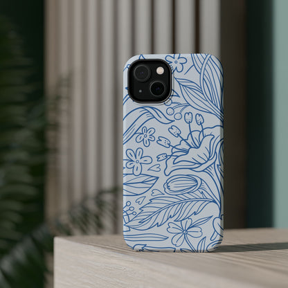 Dusty Blue Floral Line Art Tough MagSafe iPhone Case – Minimalist Botanical Design with Dual-Layer Protection