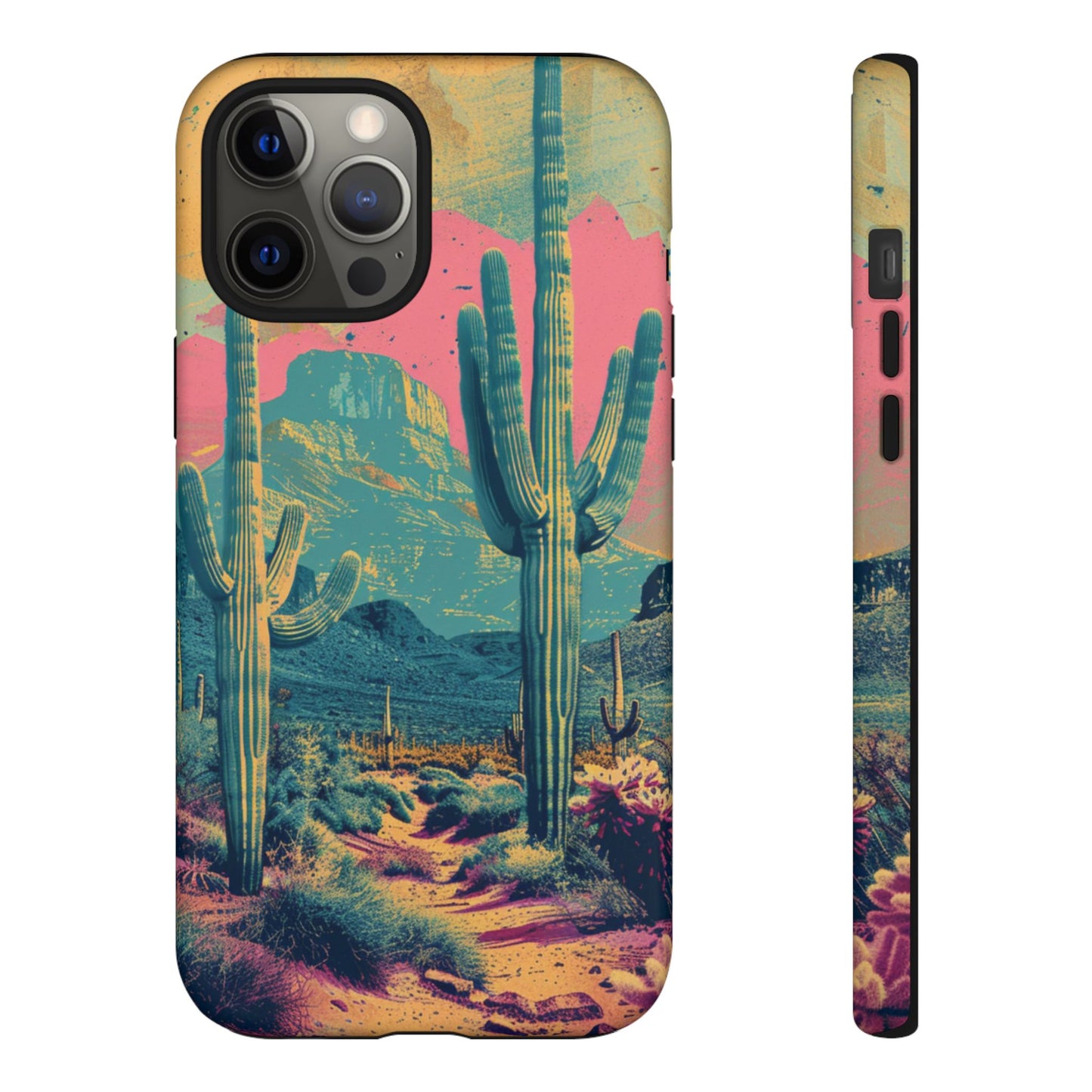 Desert Oasis Retro Cactus Phone Case - Vibrant Sunset Landscape for iPhone 15/14/13/12, Samsung S24/S23/S22/S21, & Google Pixel