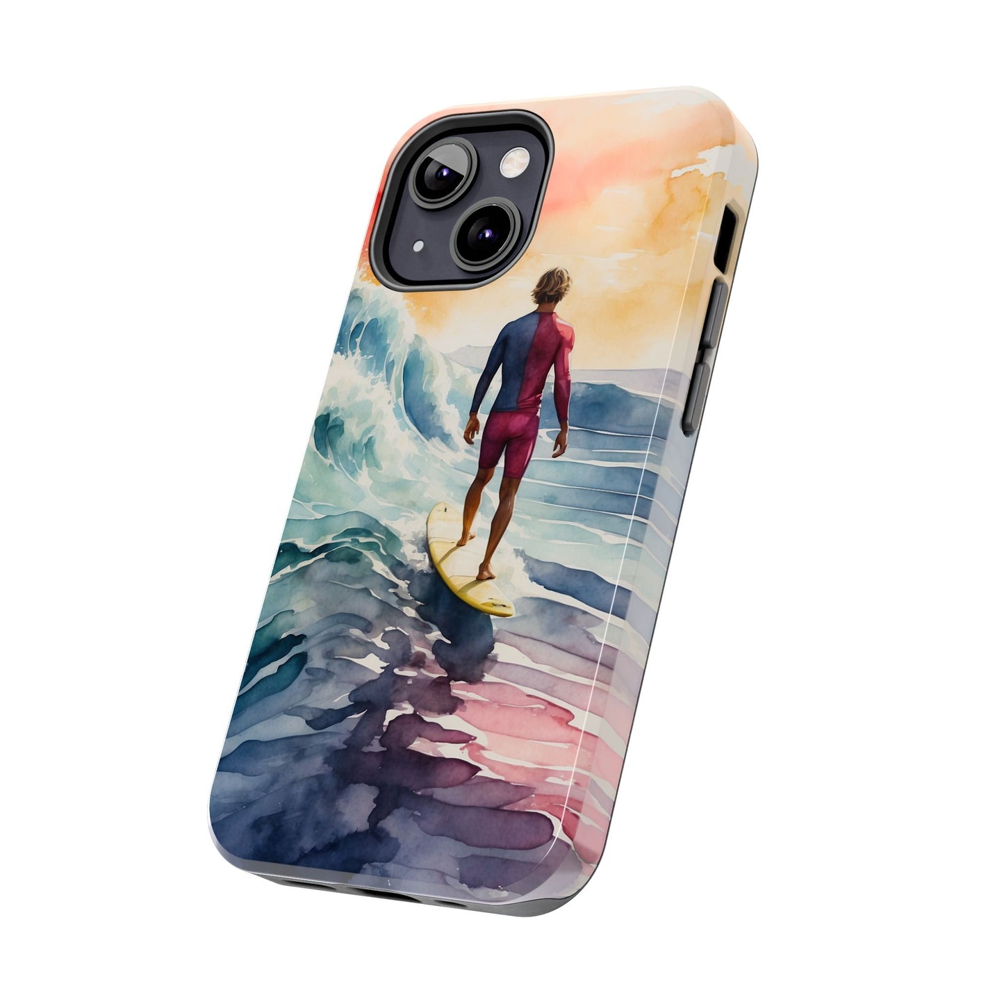 Surfer’s Sunset Wave iPhone Case – Vibrant Watercolor Design