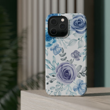 Elegant Blue & Violet Roses MagSafe Case – Artistic Floral Protection with Magnetic Charging Compatibility