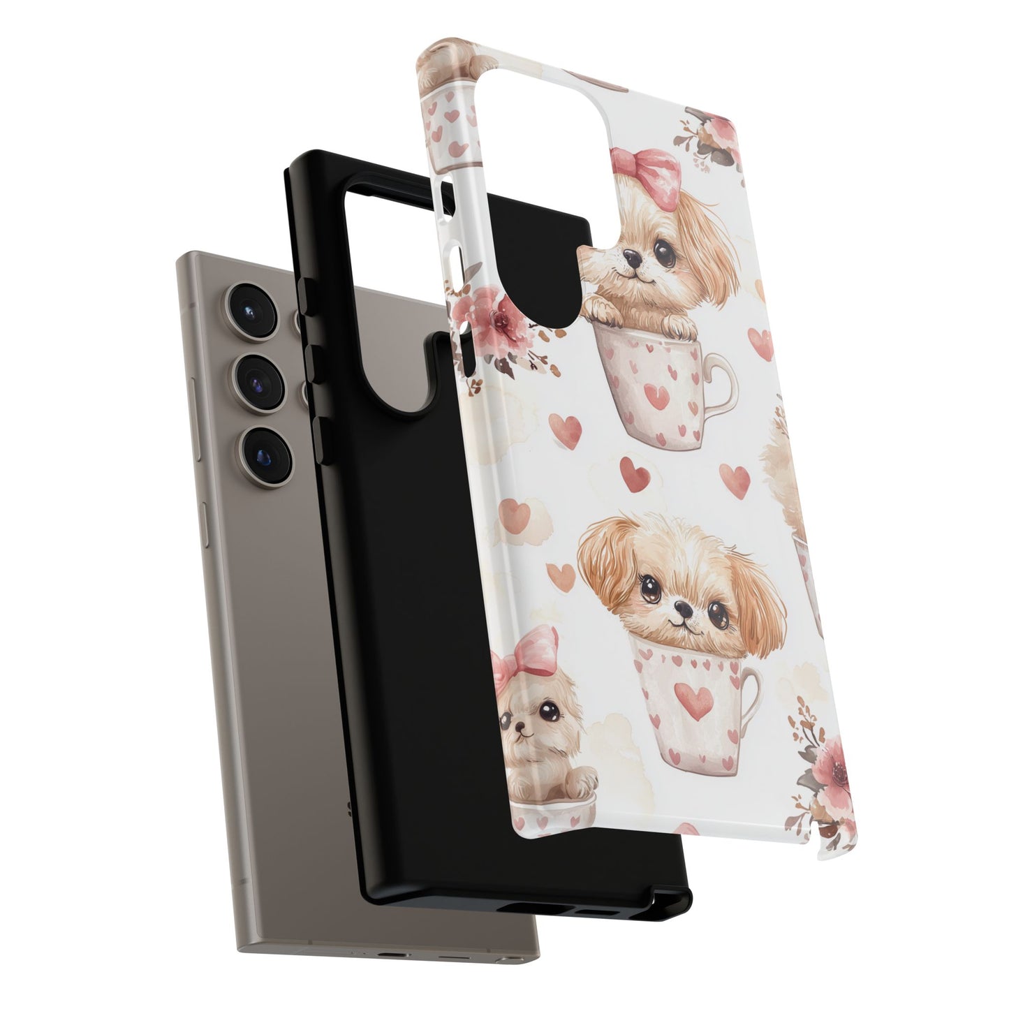 Cute Puppies in Heart Mugs Samsung Galaxy Case – Adorable Dog & Floral Design, Shockproof & Slim - BOGO Cases