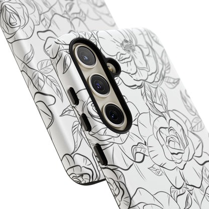 Monochrome Rose Garden Tough Samsung Galaxy Case – Elegant Floral Line Art with Dual-Layer Protection