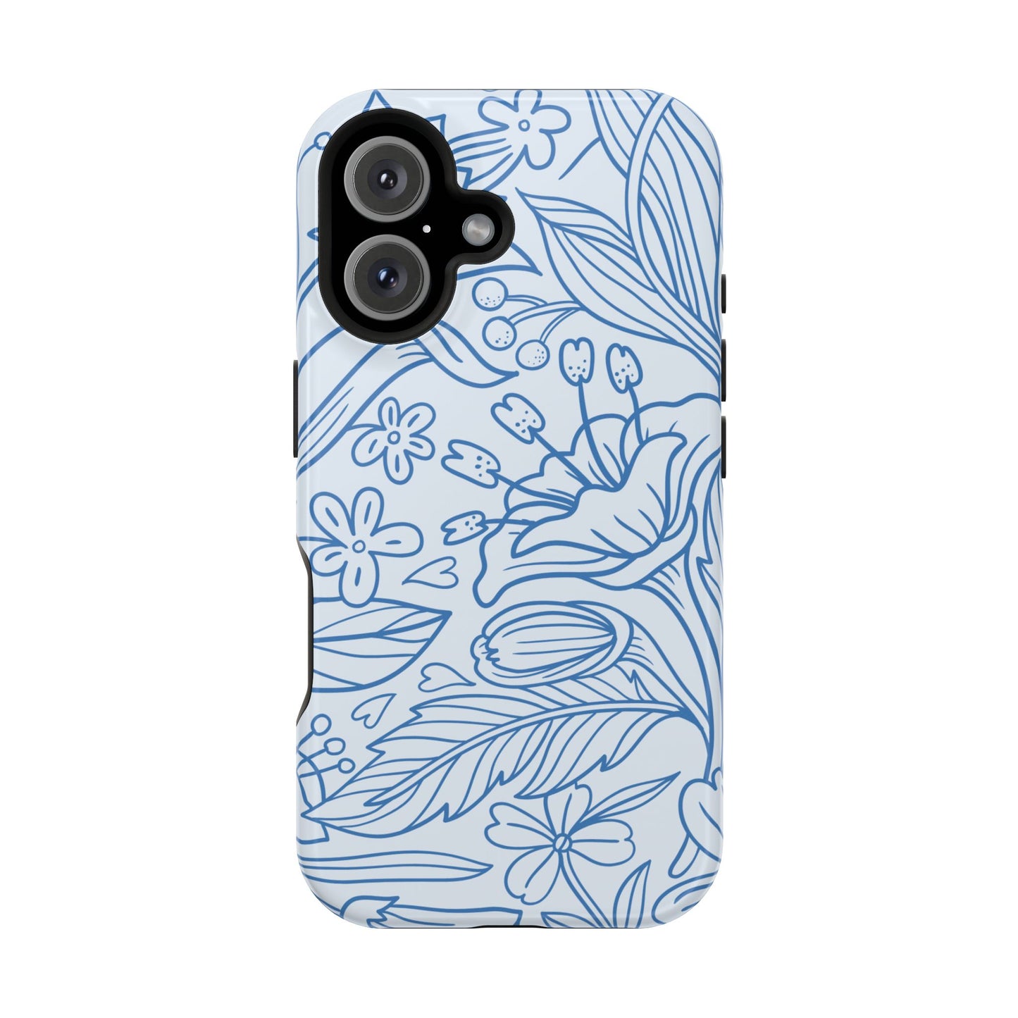 Dusty Blue Floral Line Art Tough MagSafe iPhone Case – Minimalist Botanical Design with Dual-Layer Protection