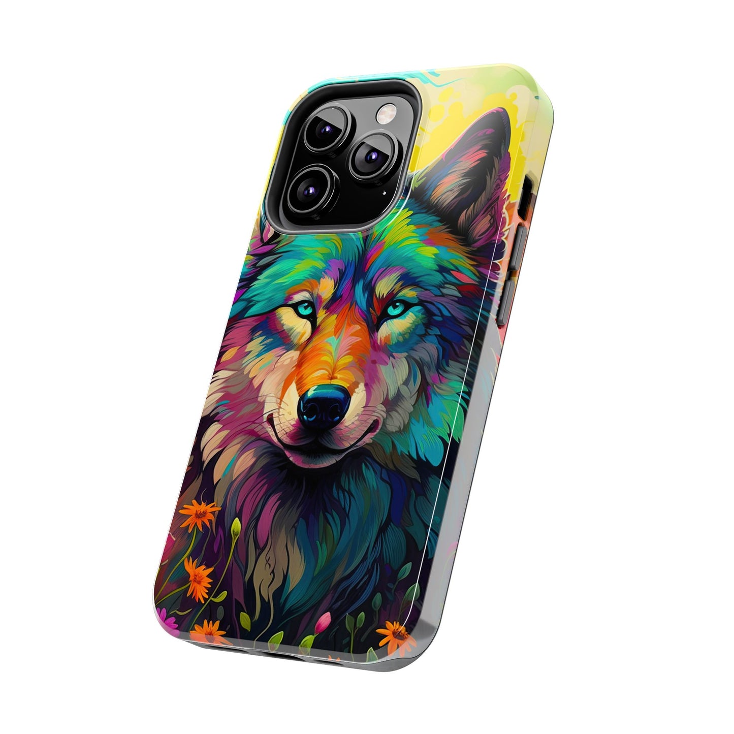 Rainbow Wolf in Bloom – iPhone Case with Vivid Nature Design