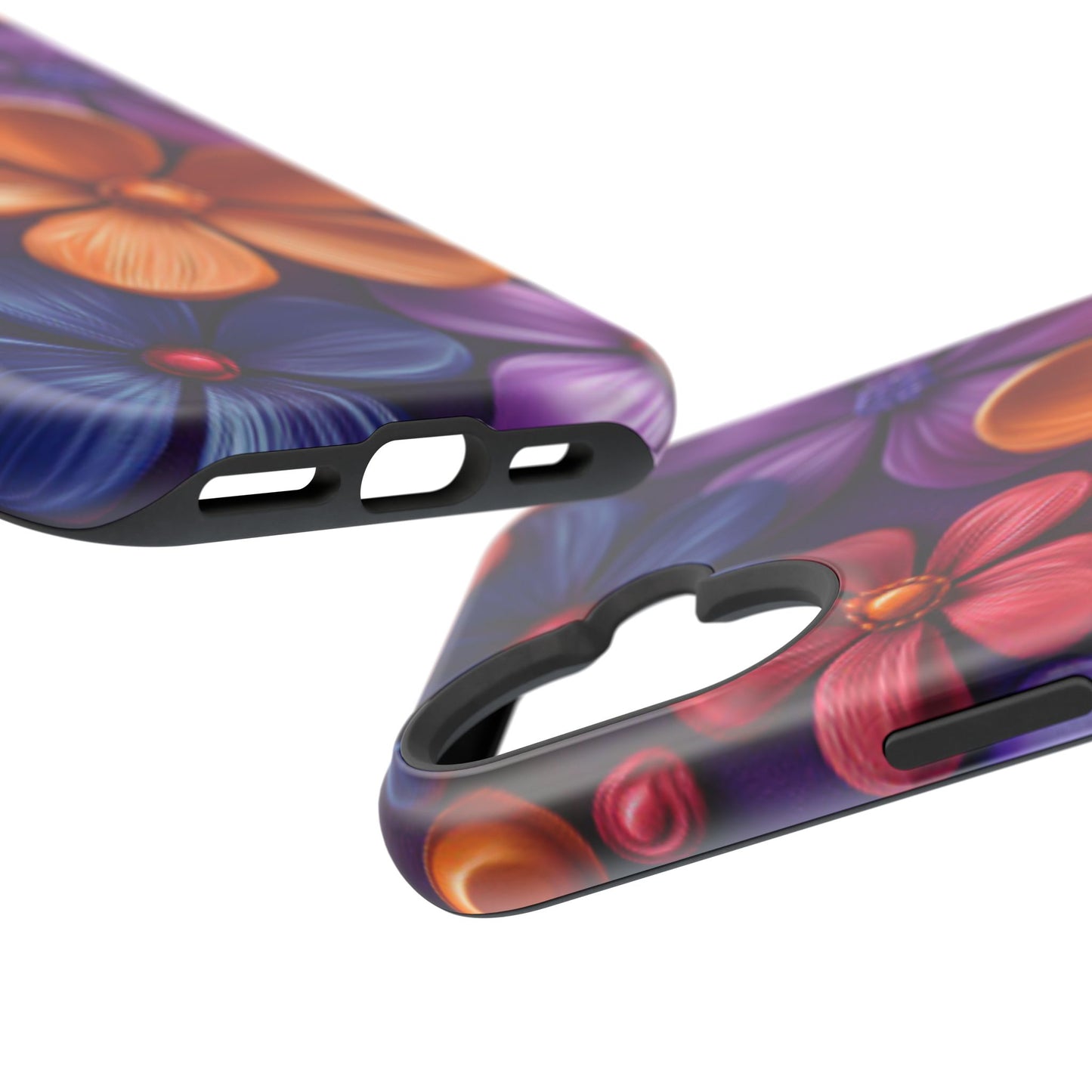 Bold Floral 3D MagSafe iPhone Case – Vivid Purple and Orange Flower Design, Shock-Resistant