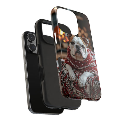 Cozy Bulldog in Sweater iPhone Case – Festive Fireplace Protective Cover