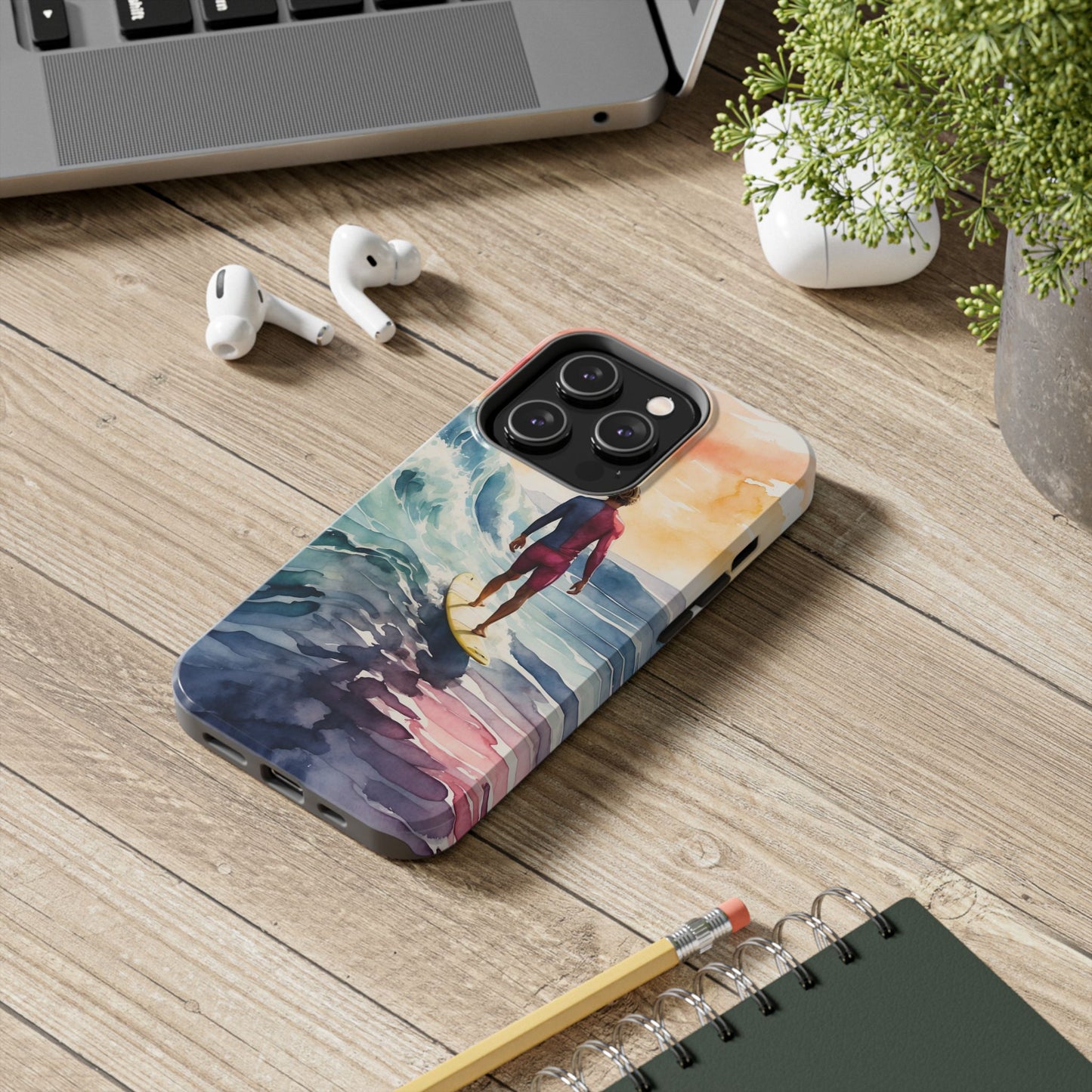 Surfer’s Sunset Wave iPhone Case – Vibrant Watercolor Design