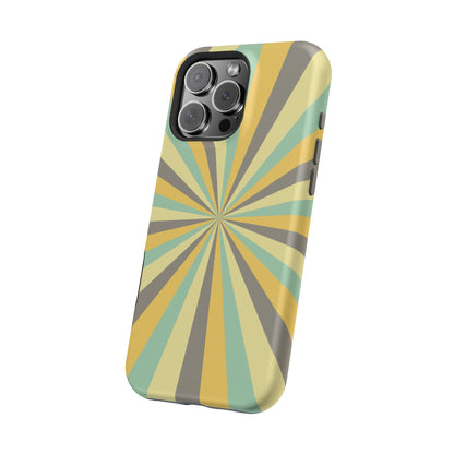 Vintage Sunburst Rays MagSafe iPhone Case – Bold 70s-Inspired Burst in Yellow, Mint, and Gray