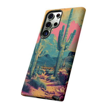 Desert Oasis Retro Cactus Phone Case - Vibrant Sunset Landscape for iPhone 15/14/13/12, Samsung S24/S23/S22/S21, & Google Pixel