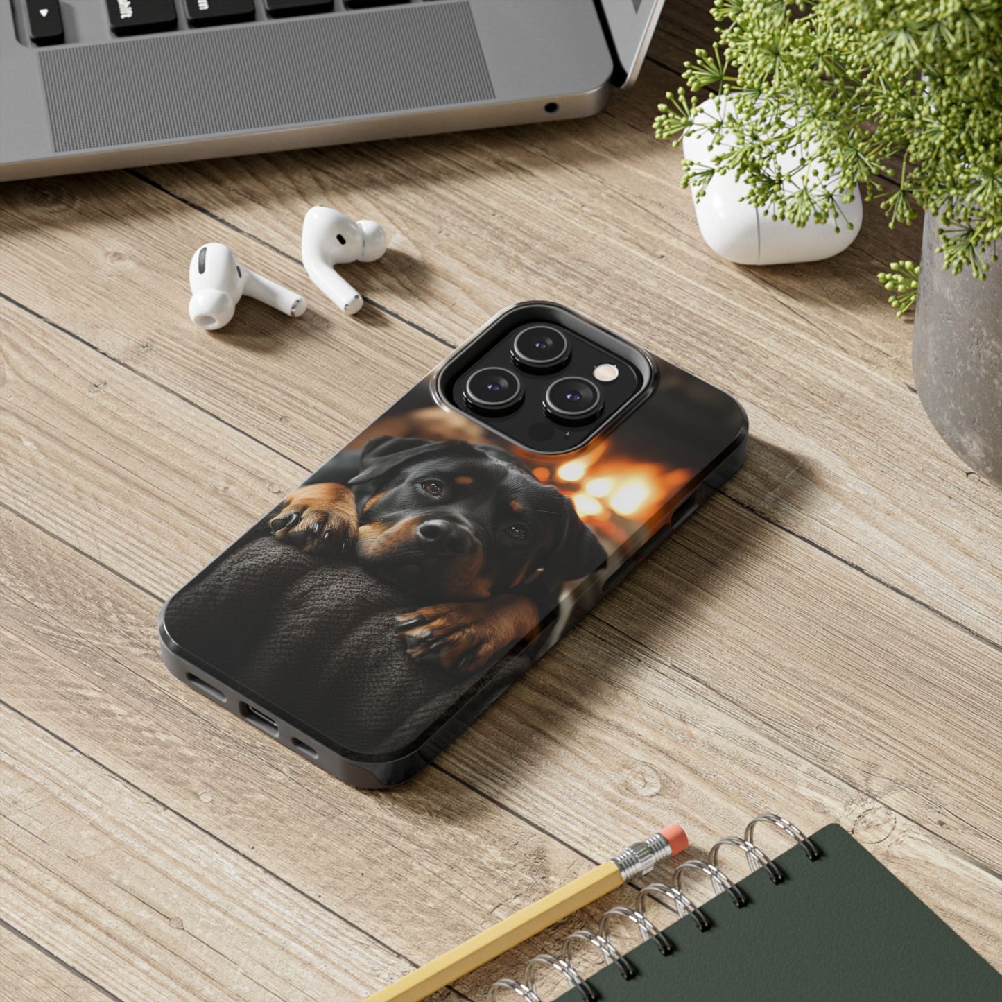 Cozy Rottweiler by the Fireplace iPhone Case – Warm Rustic Design