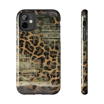 Rustic Wood and Leopard Print Tough iPhone Case – Distressed Western Design with Dual-Layer Protection