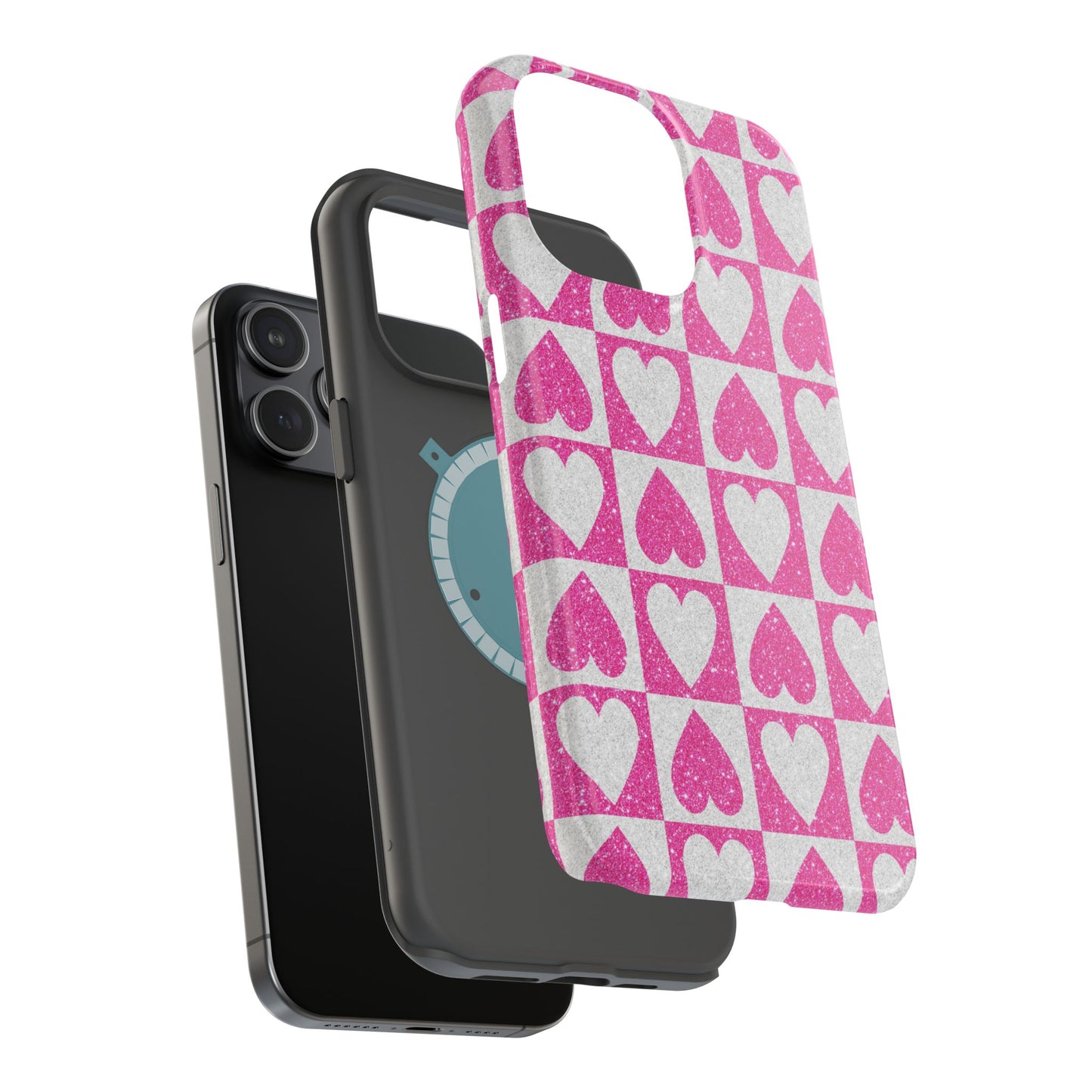 Pink Glitter Heart Checkered Pattern MagSafe Case