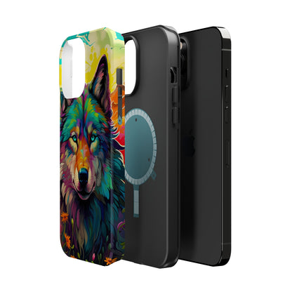 Rainbow Wolf in Bloom – MagSafe iPhone Case with Nature-Inspired Design