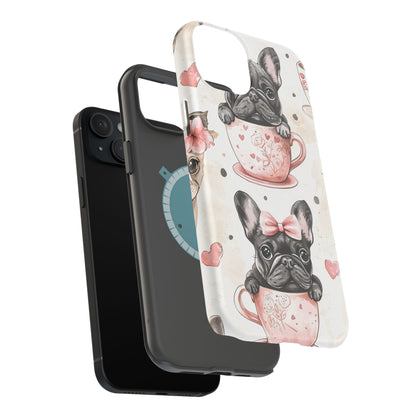 French Bulldogs in Teacups MagSafe iPhone Case – Cute Dog Design with Hearts & Bows, Shockproof & Slim