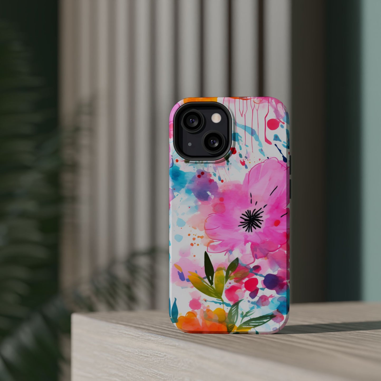 Color Splash Pink & Orange Watercolor Floral - MagSafe iPhone Case