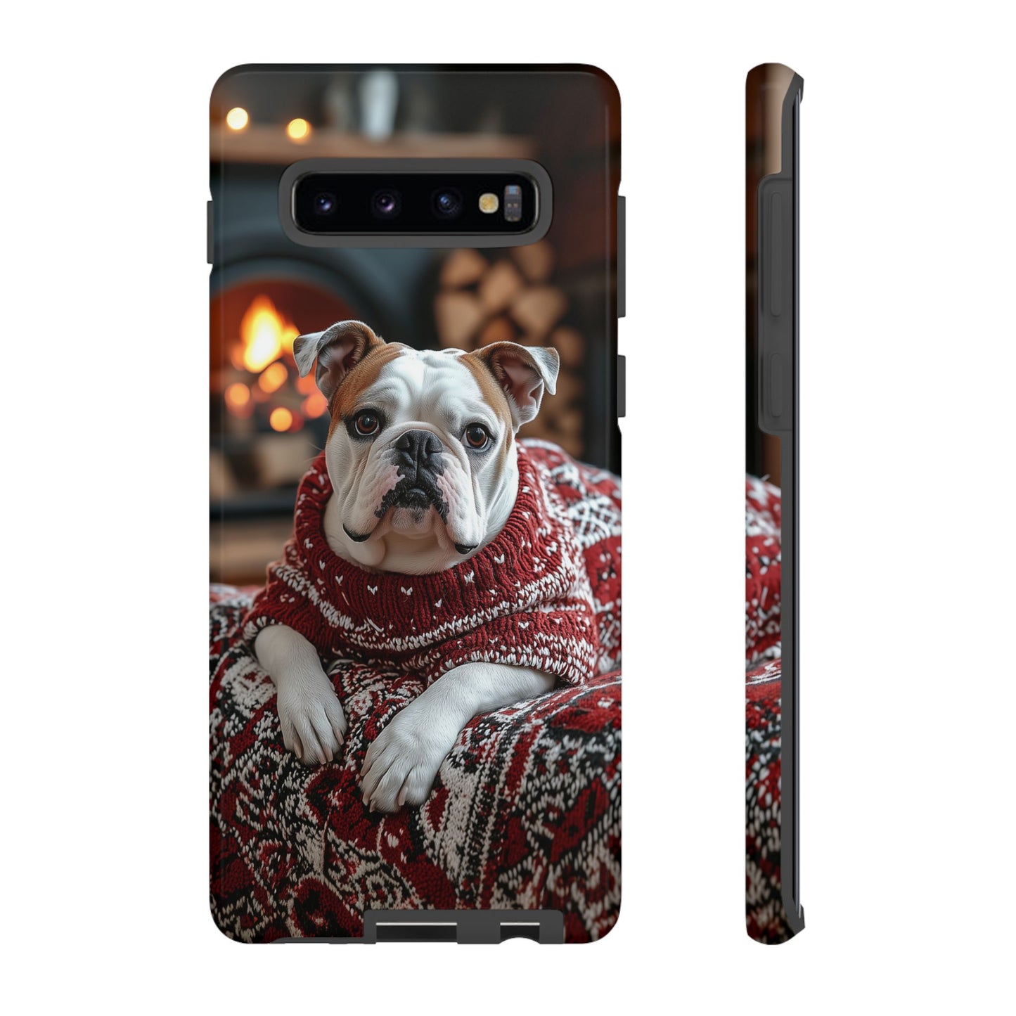 Cozy Bulldog in Sweater Samsung Galaxy Case – Festive Fireplace Protective Cove