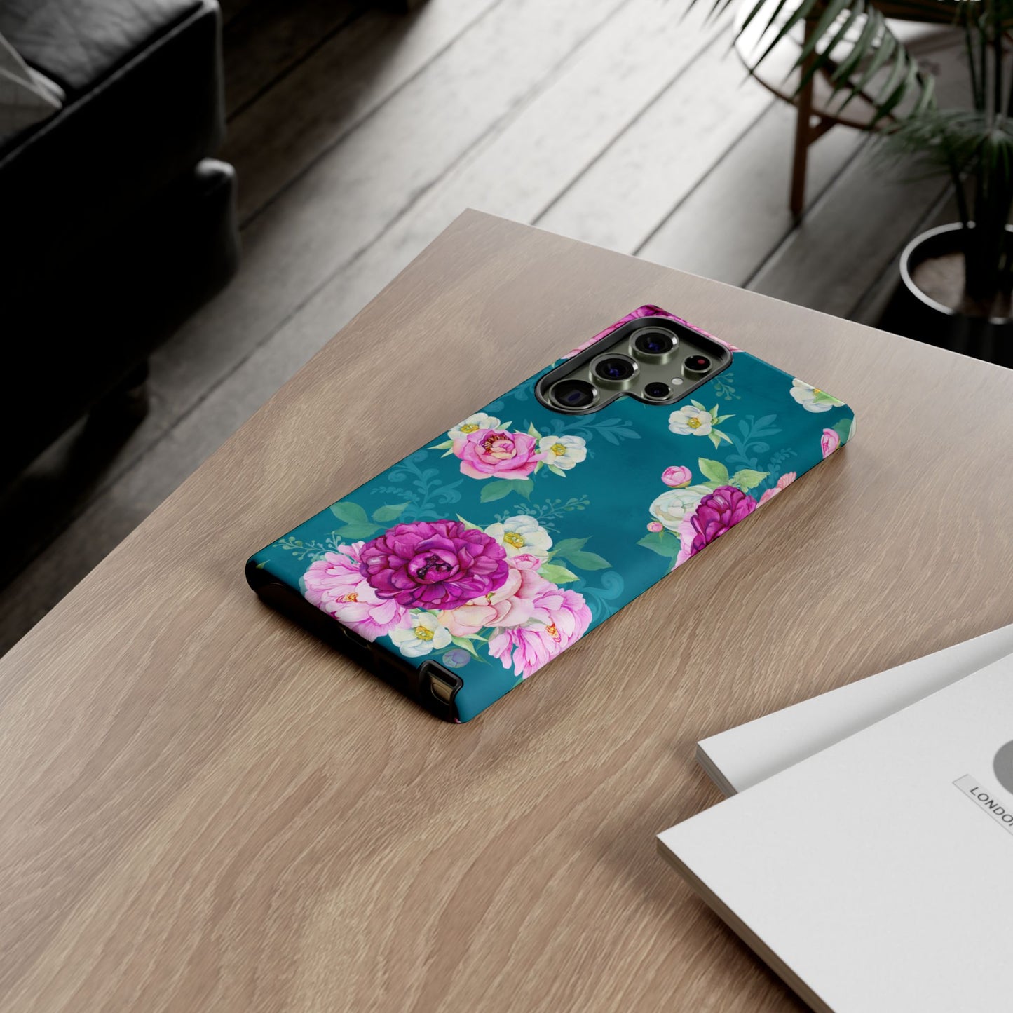 Elegant Peony Bouquet Samsung Galaxy Case – Deep Teal Background with Romantic Floral Design