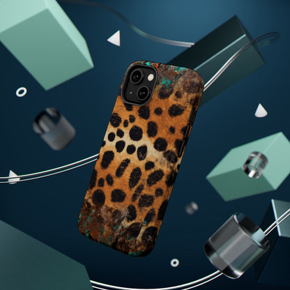 Rustic Leopard Print Tough MagSafe iPhone Case – Distressed Turquoise and Animal Pattern with Dual-Layer Protection